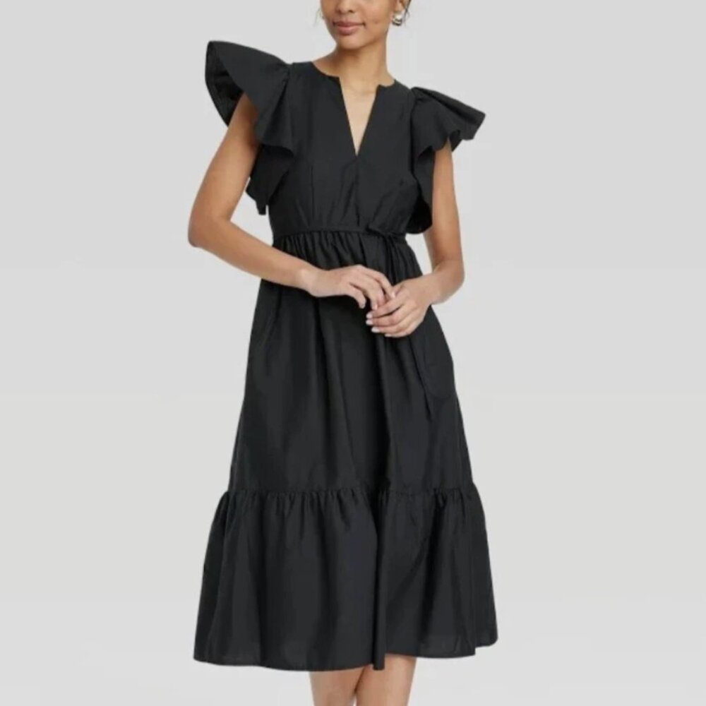 Women's Flutter Short Sleeve Poplin Tiered Midi Dress - A New Day - Black - SM